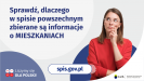 Na grafice jest napis: Sprawdź, dlaczego w spisie powszechnym zbierane są informacje o mieszkaniach. Po prawej stronie widać kobietę z zaciekawioną miną. Na dole grafiki są cztery małe koła ze znakami dodawania, odejmowania, mnożenia i dzielenia, obok nich napis: Liczymy się dla Polski! Pośrodku jest adres strony internetowej: spis.gov.pl. W prawym dolnym rogu jest logotyp spisu: dwa nachodzące na siebie pionowo koła, GUS, pionowa kreska, Narodowy Spis Powszechny Ludności i Mieszkań 2021.
